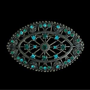 Vintage Art Deco Oval Brooch Pin Gold Tone Filigree Green Rhinestones 2.5 Inches